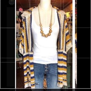 Easel Mustard Navy Short Sleeved Cardigan L NWT